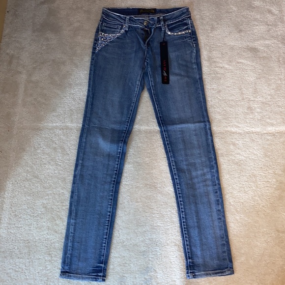 Virgin Only brand deluxe skinny jeans. Bedazzled front and back pockets. - Picture 2 of 6